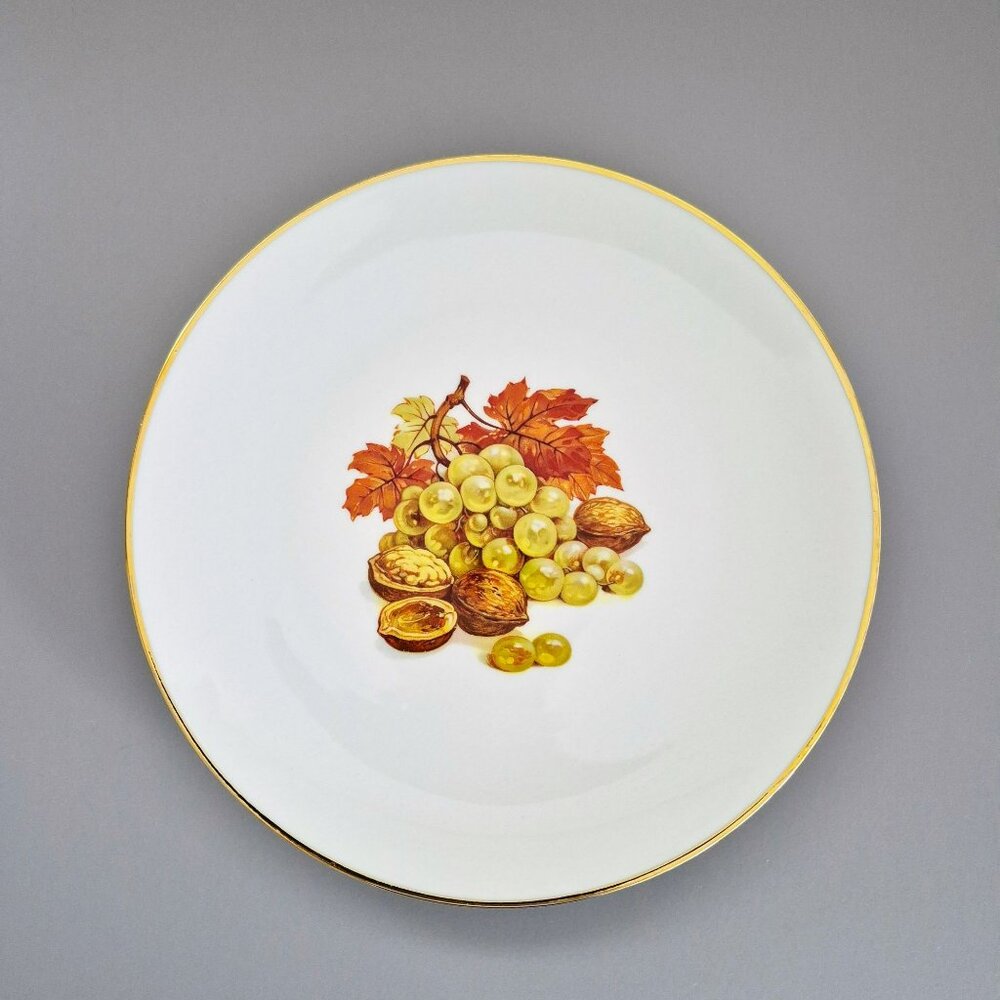 Vintage German Fruit Grape Motif Dinner Plates, Gold Trim, Fall Autumn Kitchen